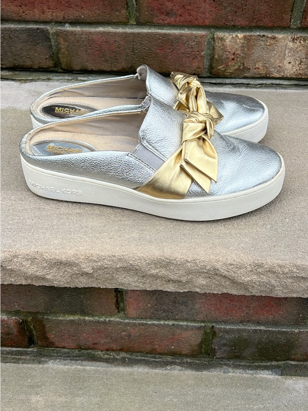 Michael Kors Metallic Silver Slip-On Mules with Gold Knot - Picture 5 of 9